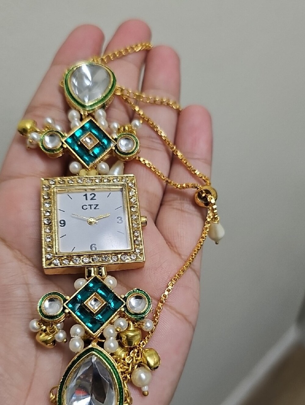 CTZ Gold-tone Pendant Watch Necklace with Green & White Accents - Picture 4 of 5